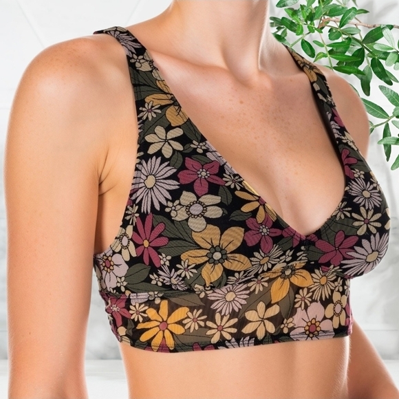 Gilly Hicks Tops - Gilly Hicks Black Multicolor Floral Sports Bra V-Neck Bikini Bralette